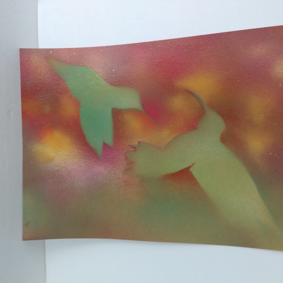 Handmade Abstract Painting of Two Green Hummingbirds In Flowers on 15x11 paper - Picture 4 of 14
